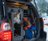 crate in the back of a packed car with a dog in the crate